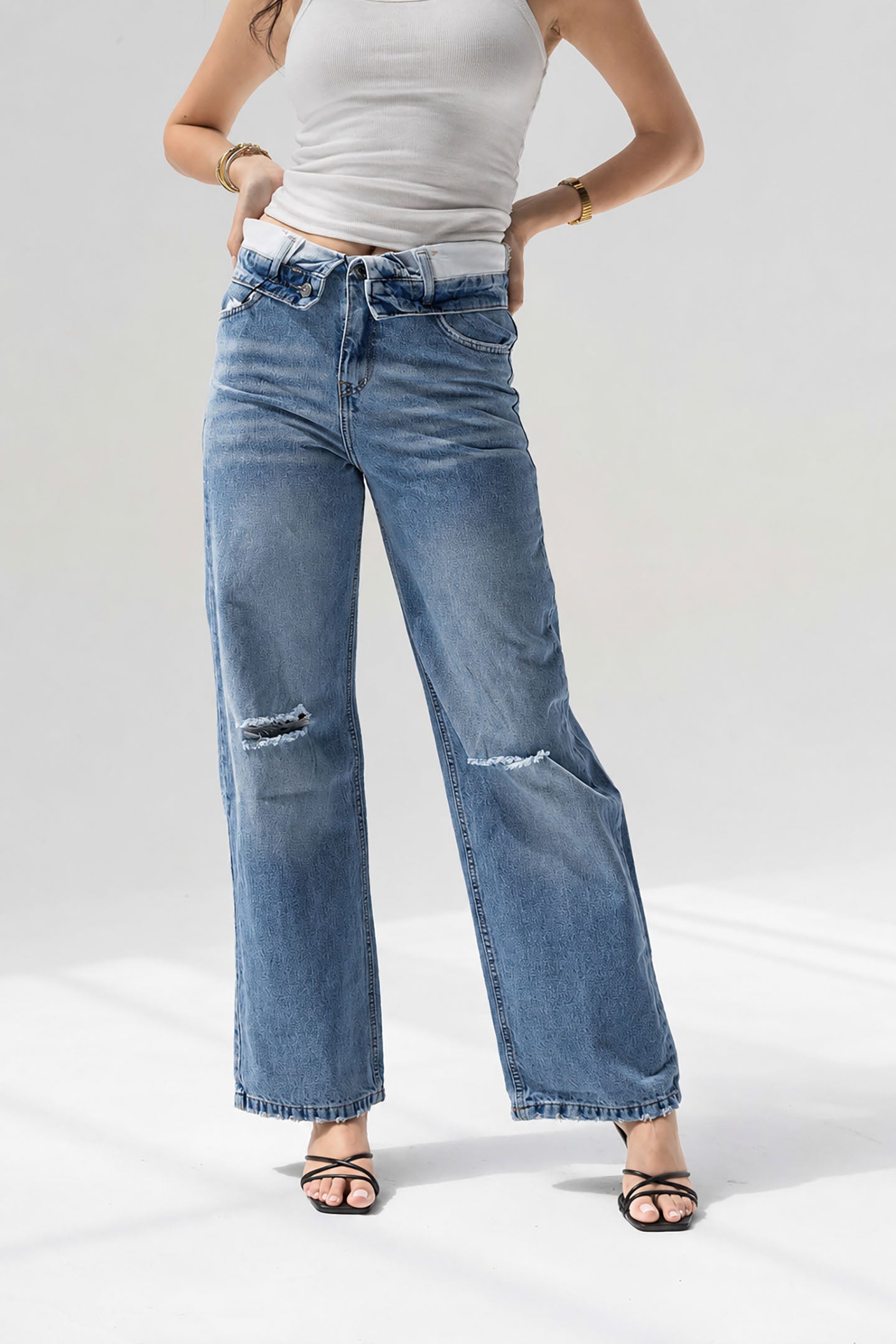 Blue High-Rise Fold-Over Waistband Wide-Leg Jeans