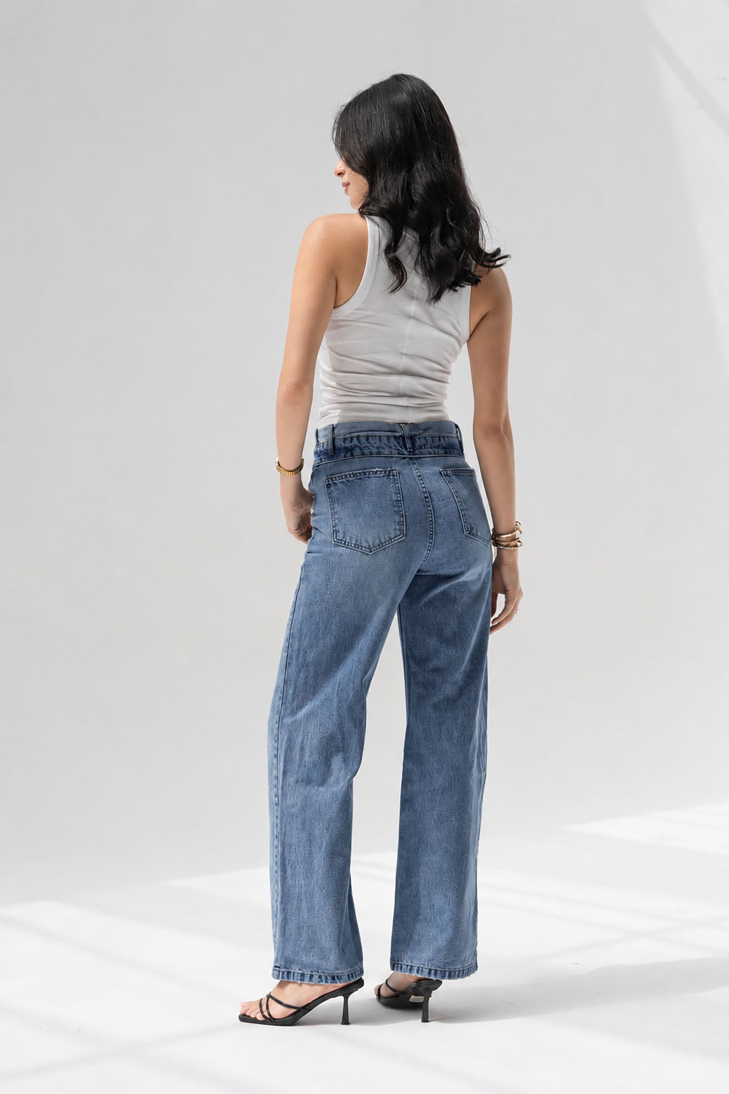 Blue High-Rise Fold-Over Waistband Wide-Leg Jeans