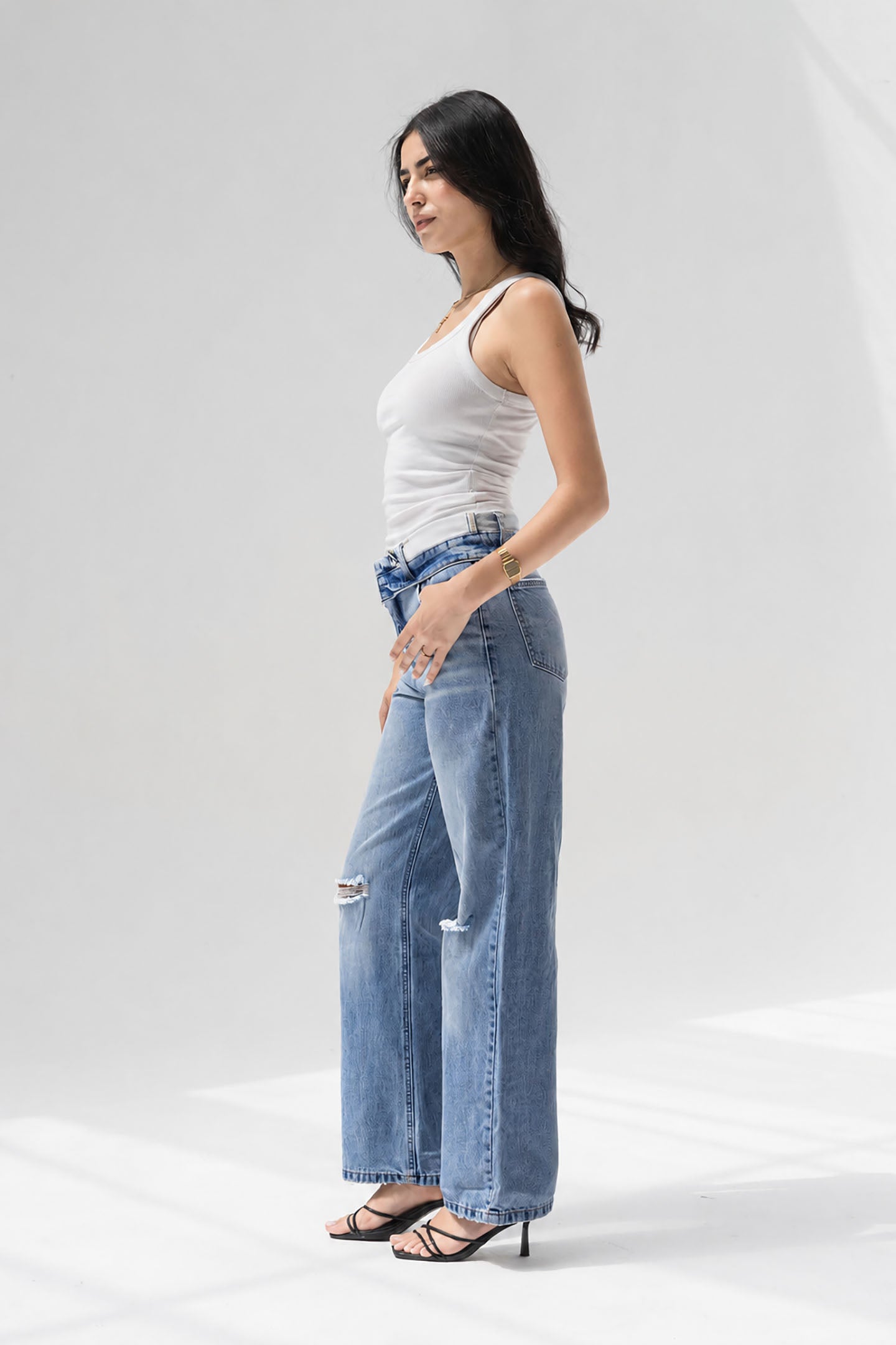 Blue High-Rise Fold-Over Waistband Wide-Leg Jeans