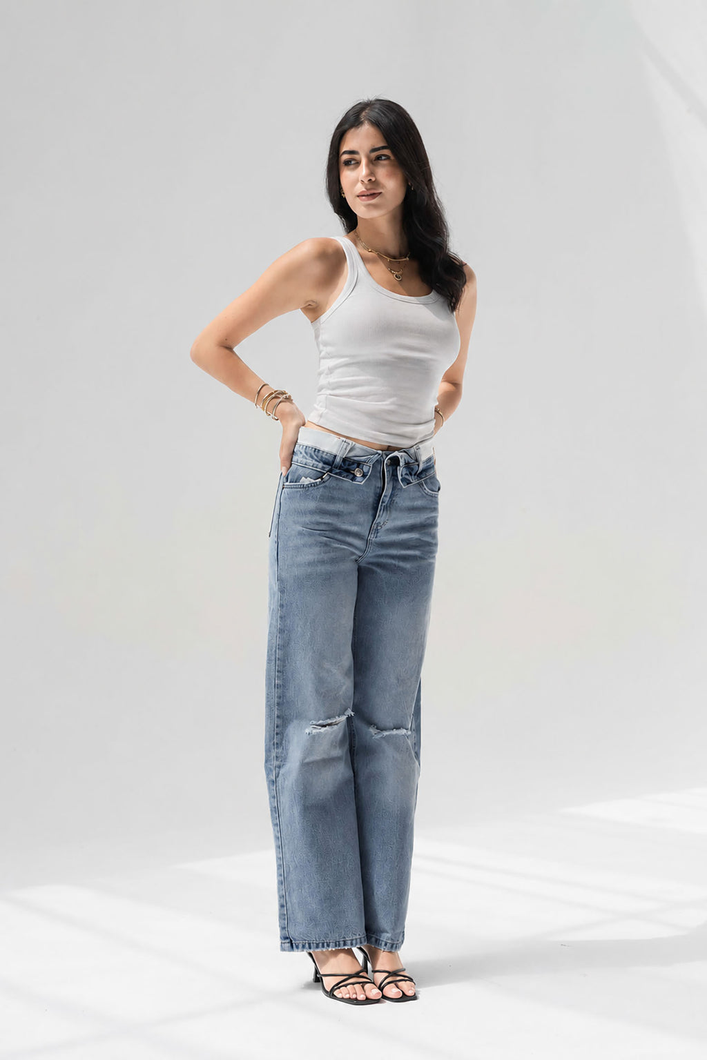 Blue High-Rise Fold-Over Waistband Wide-Leg Jeans