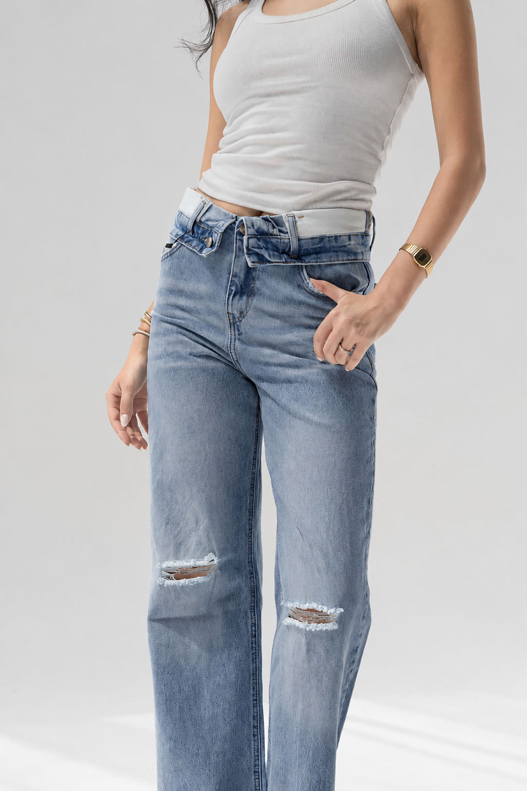 Blue High-Rise Fold-Over Waistband Wide-Leg Jeans