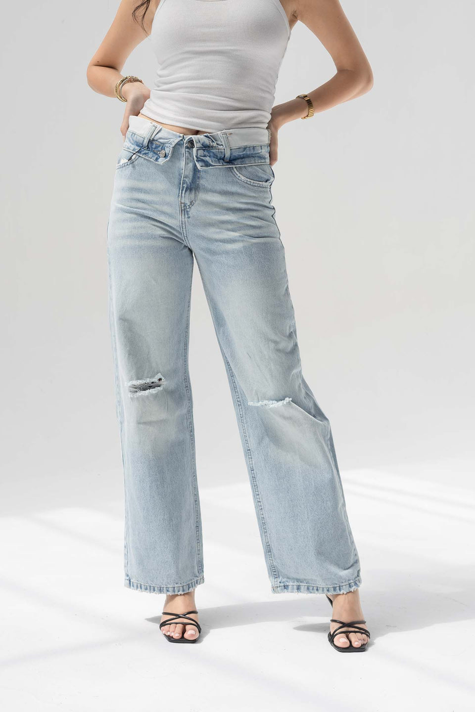 Light Blue High-Rise Fold-Over Waistband Wide-Leg Jeans