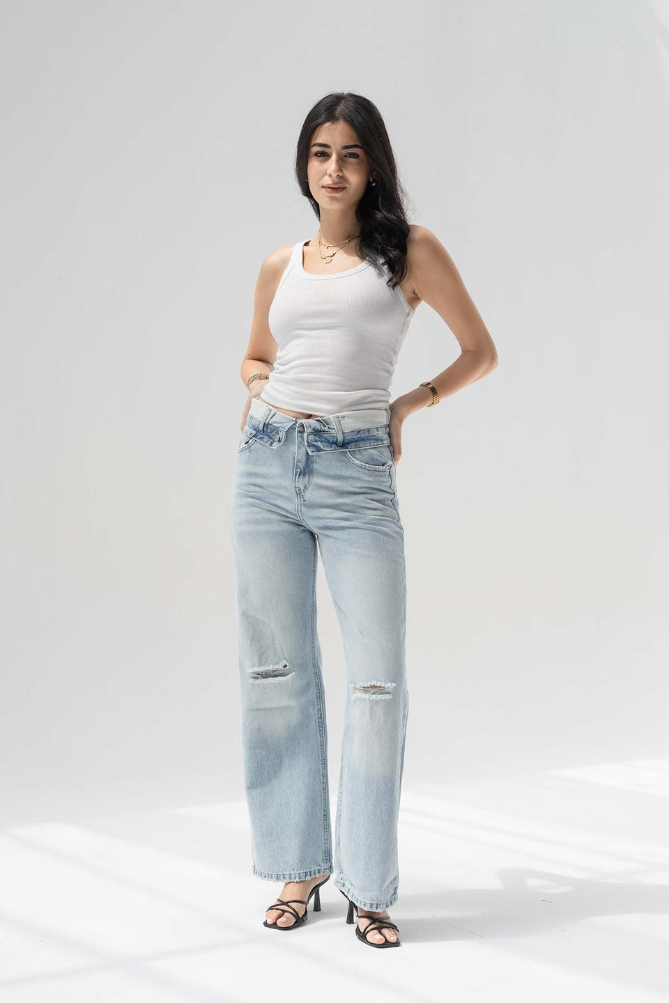 Light Blue High-Rise Fold-Over Waistband Wide-Leg Jeans