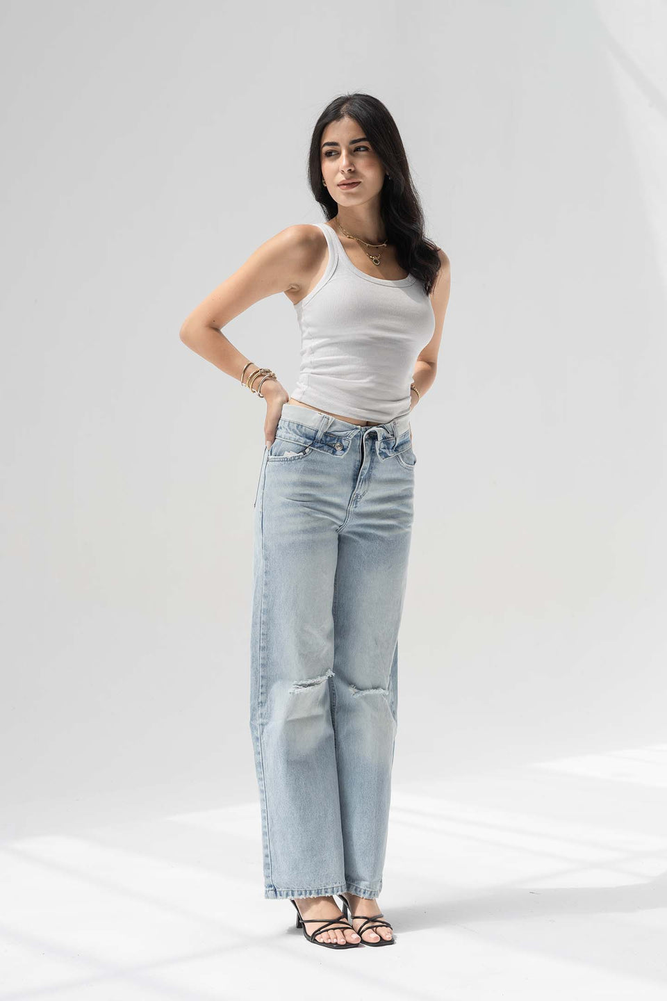 Light Blue High-Rise Fold-Over Waistband Wide-Leg Jeans