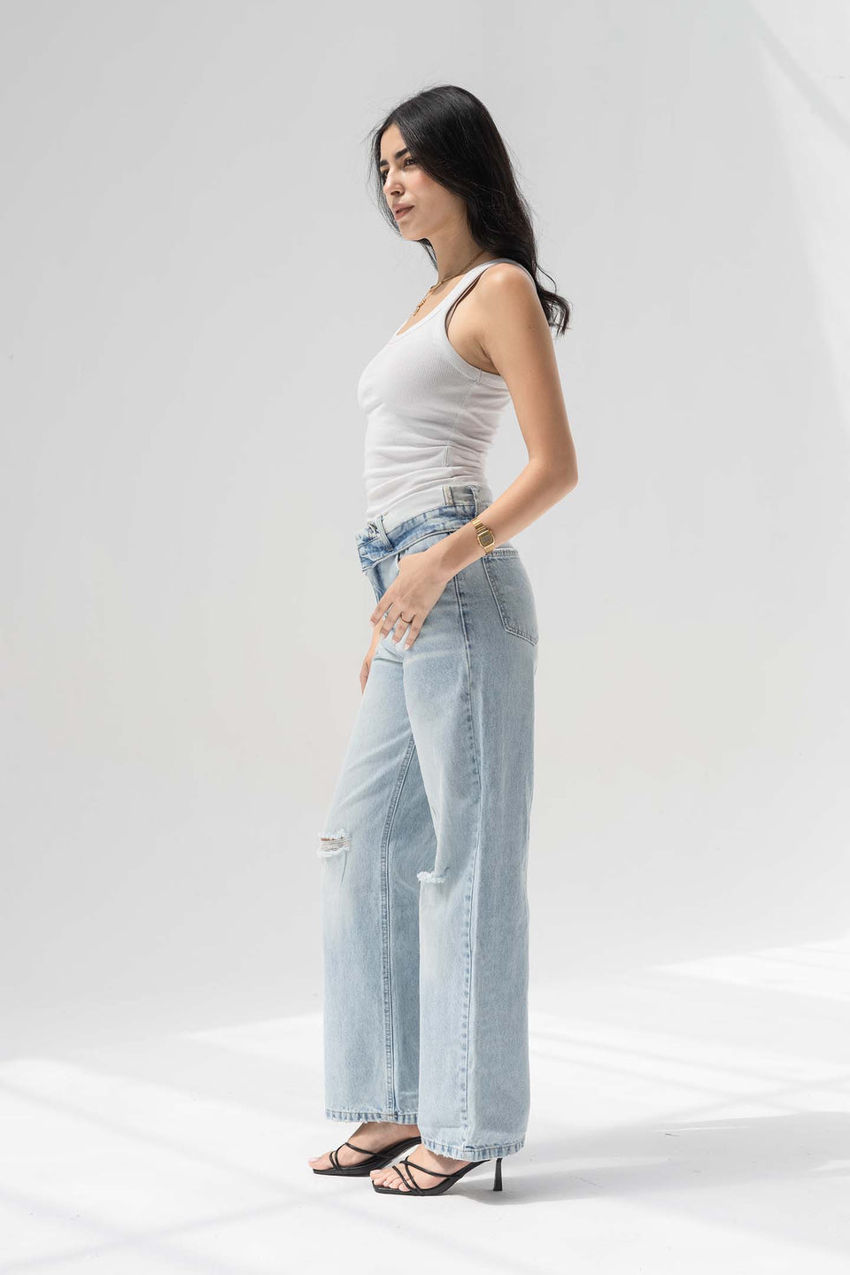 Light Blue High-Rise Fold-Over Waistband Wide-Leg Jeans
