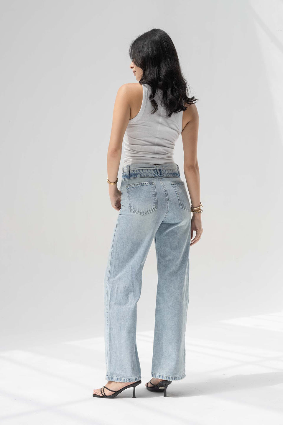 Light Blue High-Rise Fold-Over Waistband Wide-Leg Jeans