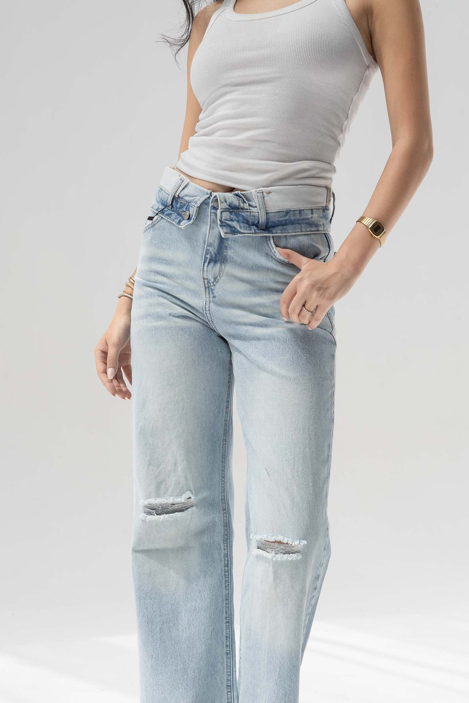 Light Blue High-Rise Fold-Over Waistband Wide-Leg Jeans