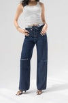 Navy High-Rise Fold-Over Waistband Wide-Leg Jeans