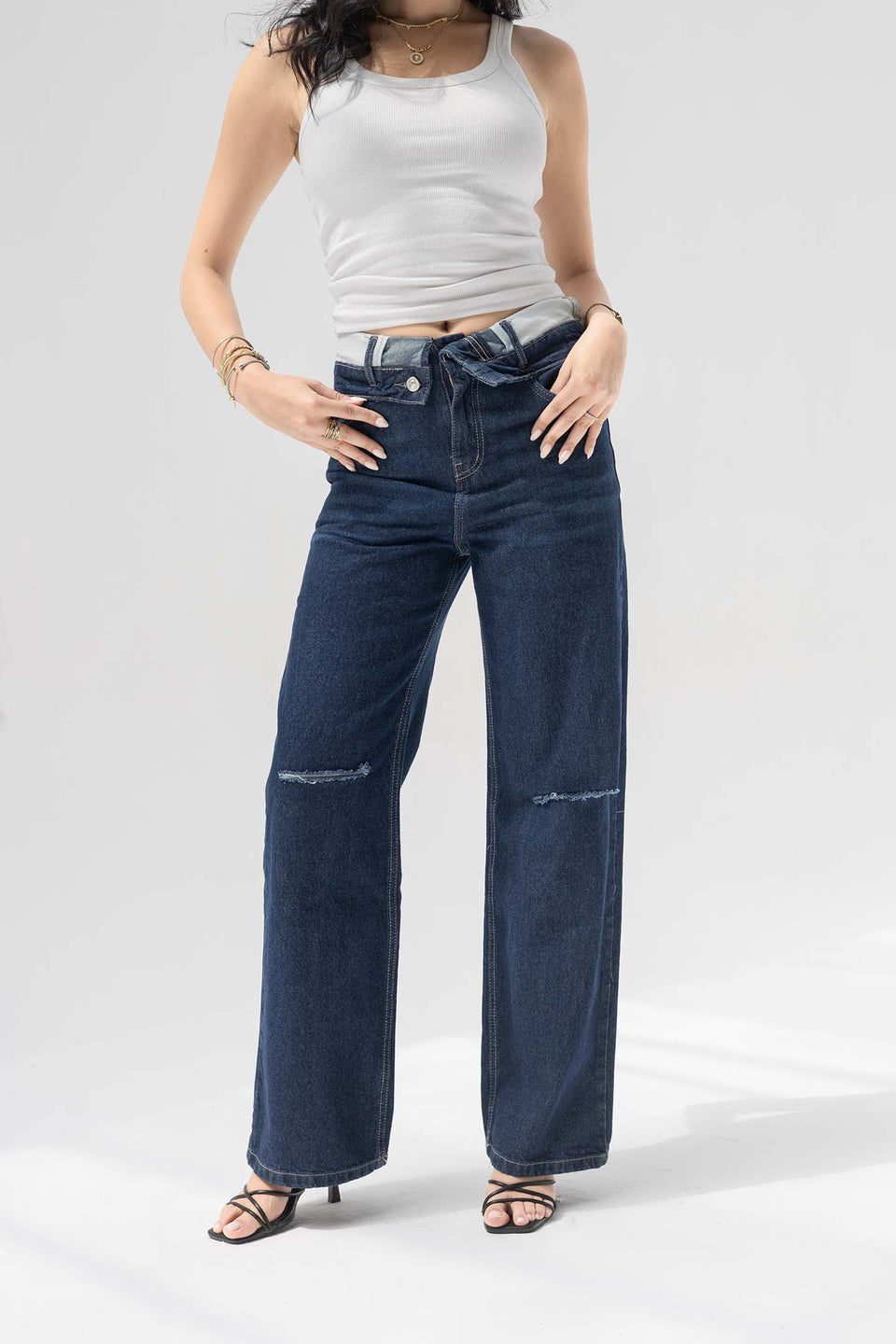 Navy High-Rise Fold-Over Waistband Wide-Leg Jeans