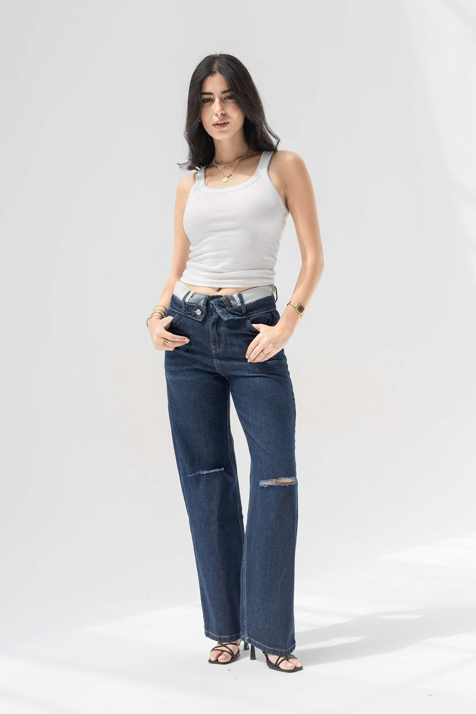 Navy High-Rise Fold-Over Waistband Wide-Leg Jeans