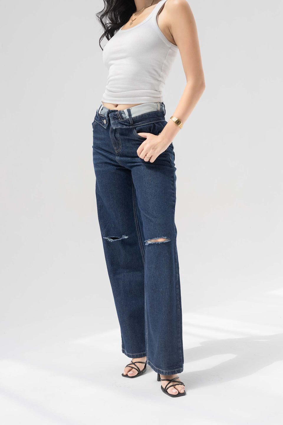 Navy High-Rise Fold-Over Waistband Wide-Leg Jeans