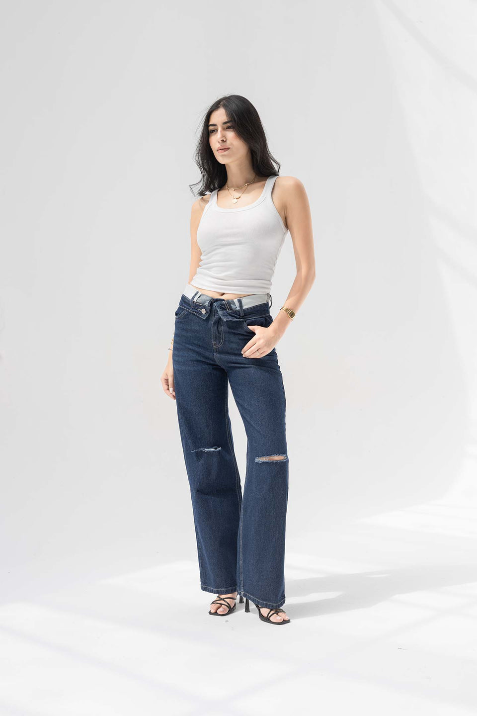 Navy High-Rise Fold-Over Waistband Wide-Leg Jeans