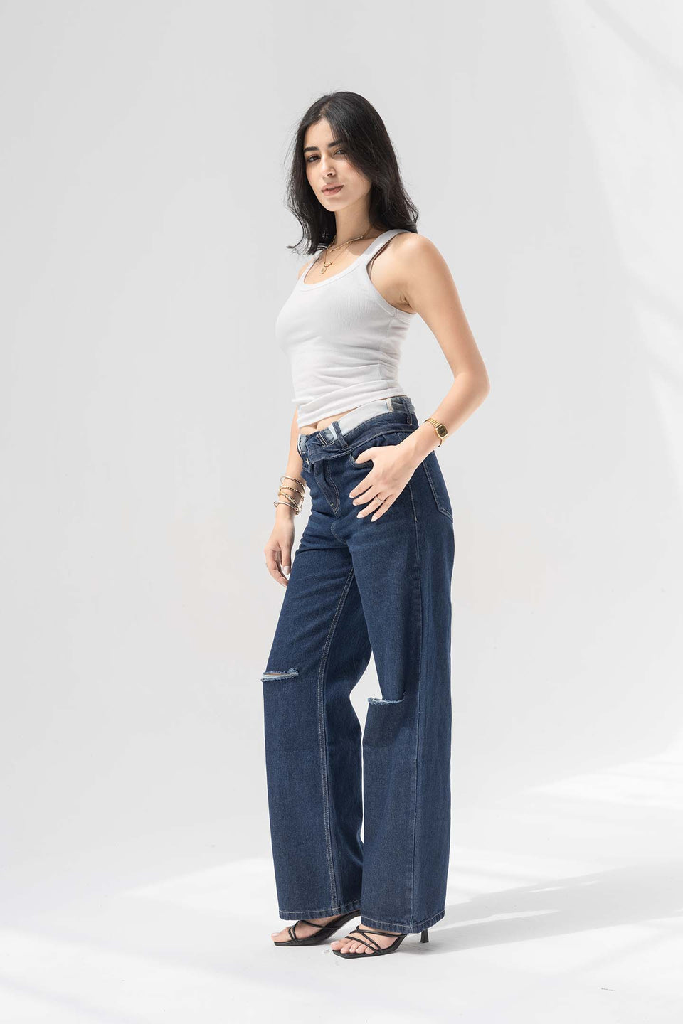 Navy High-Rise Fold-Over Waistband Wide-Leg Jeans