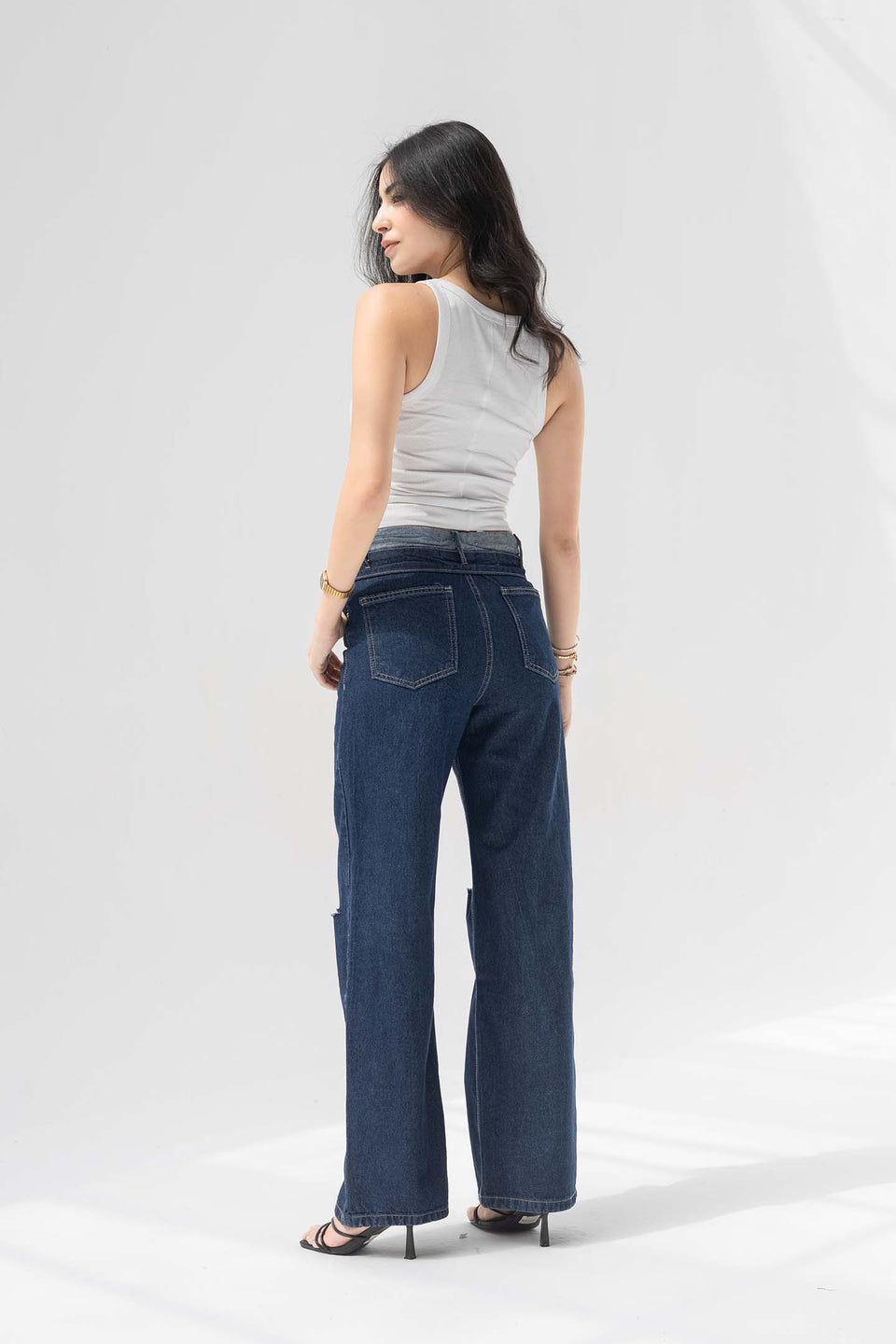 Navy High-Rise Fold-Over Waistband Wide-Leg Jeans