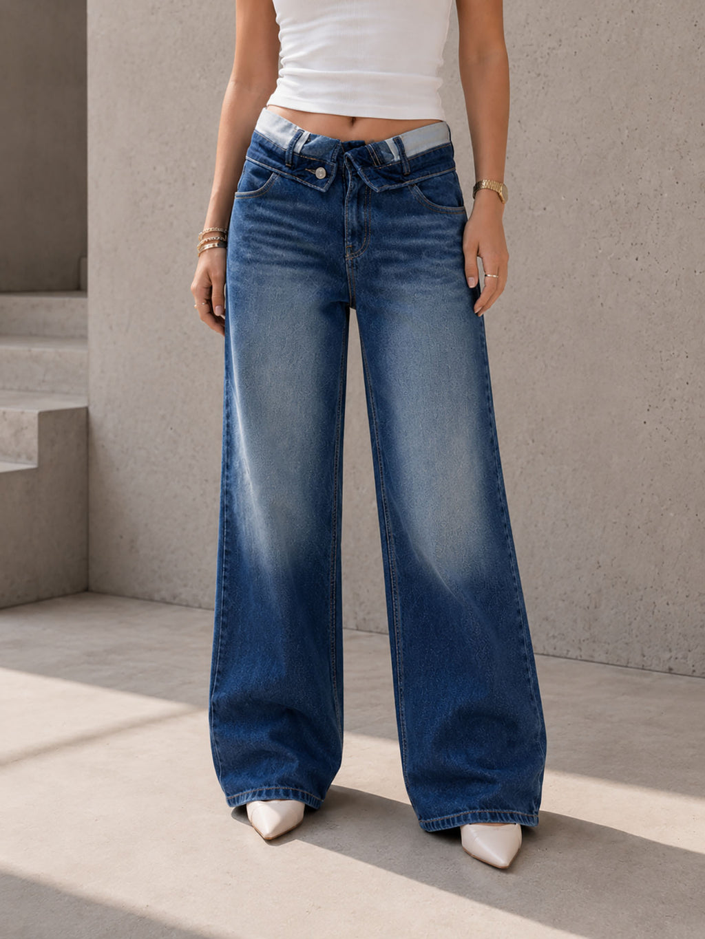 Blue High Rise Folded Waistband Wide Leg Jeans