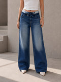 Blue High Rise Folded Waistband Wide Leg Jeans