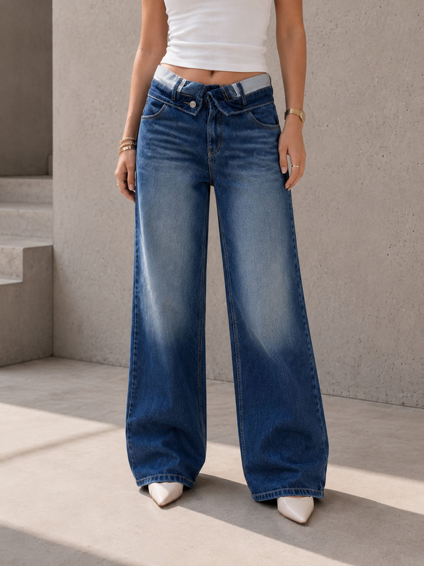 Blue High Rise Folded Waistband Wide Leg Jeans