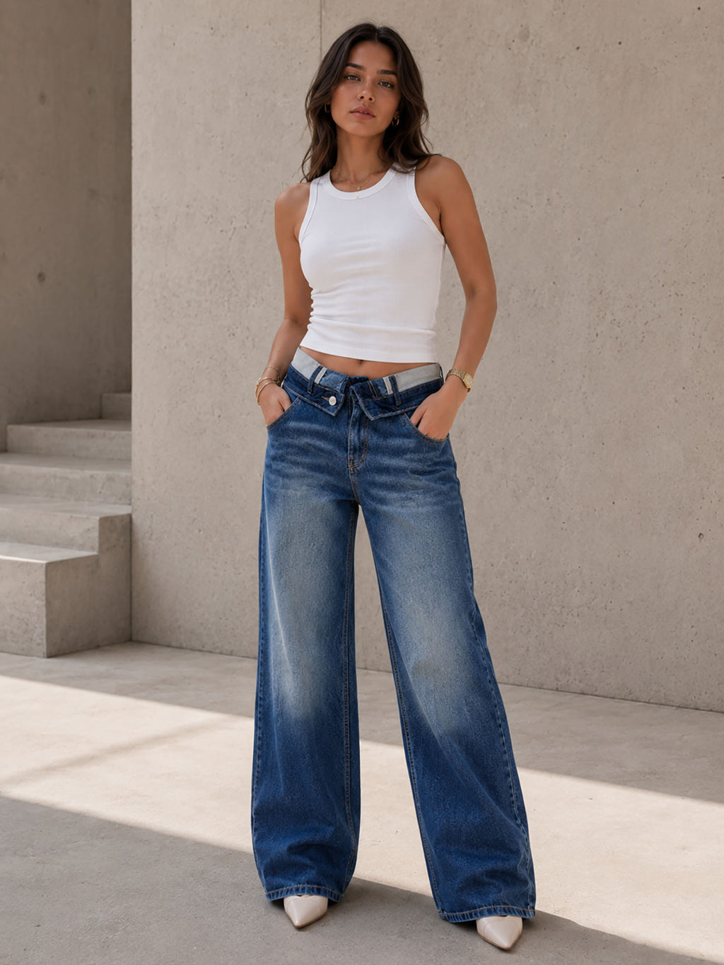 Blue High Rise Folded Waistband Wide Leg Jeans
