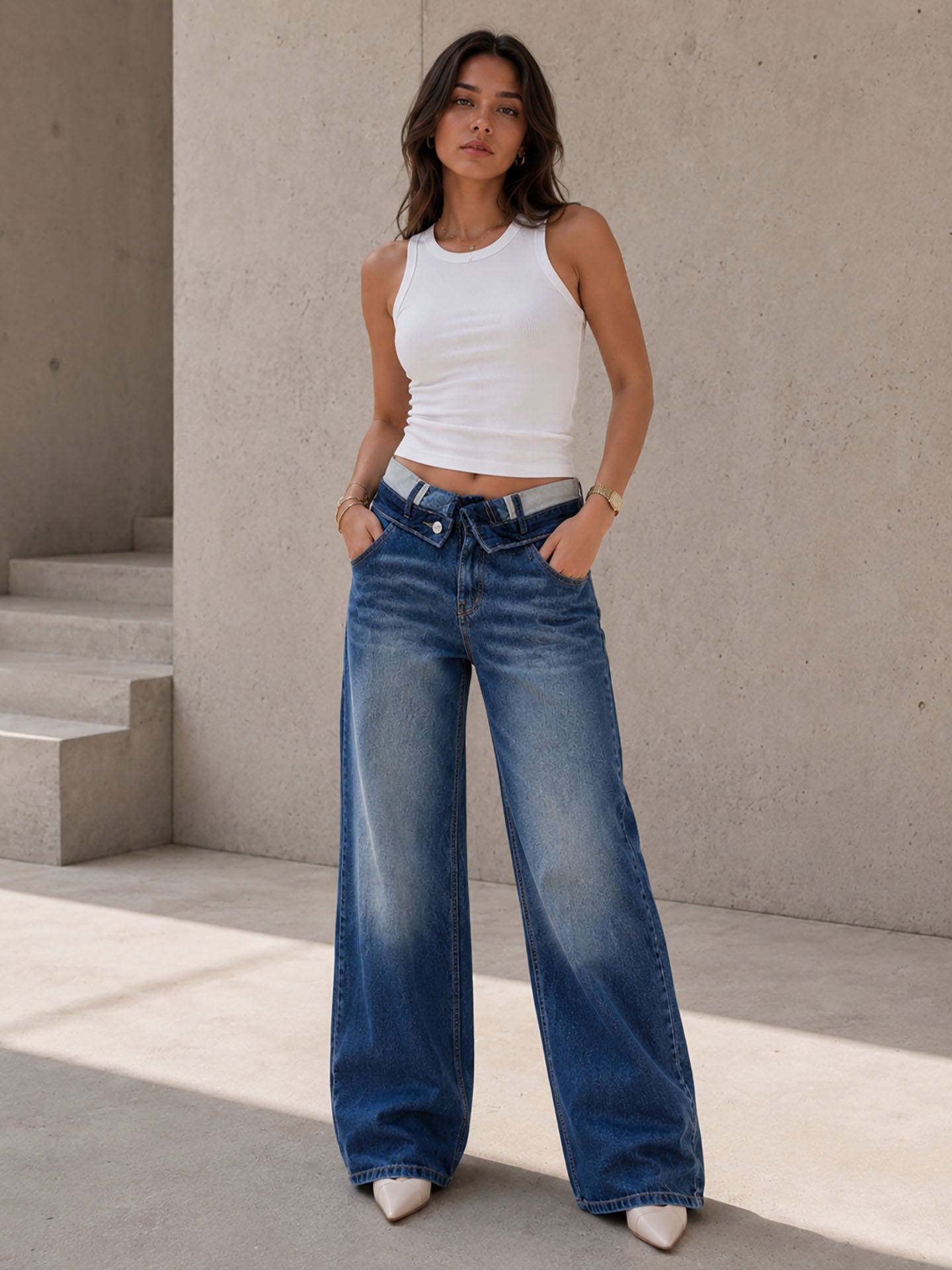 Blue High Rise Folded Waistband Wide Leg Jeans