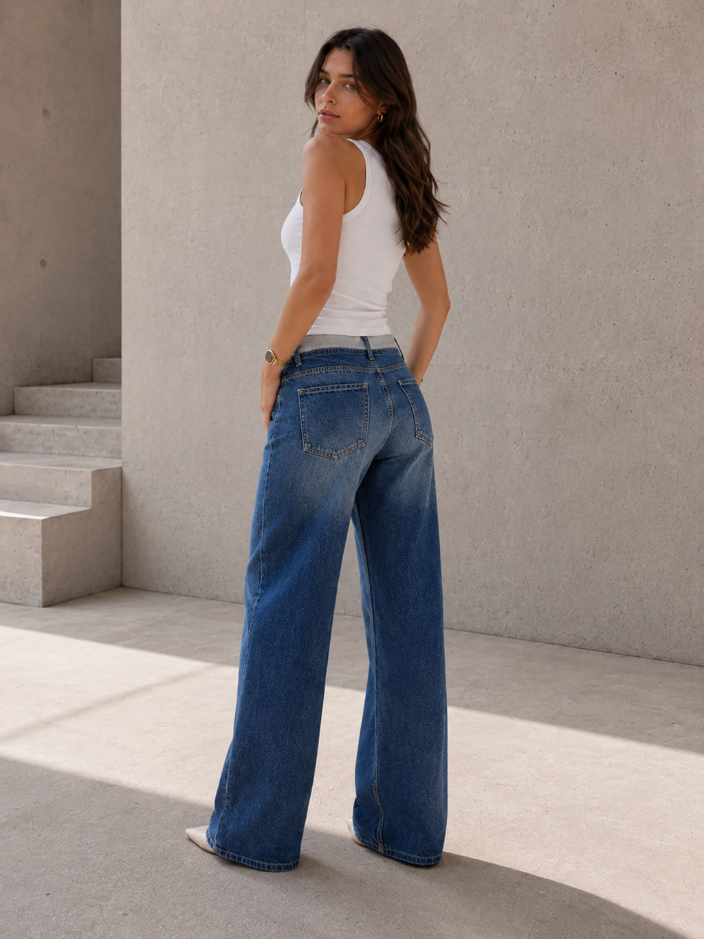 Blue High Rise Folded Waistband Wide Leg Jeans