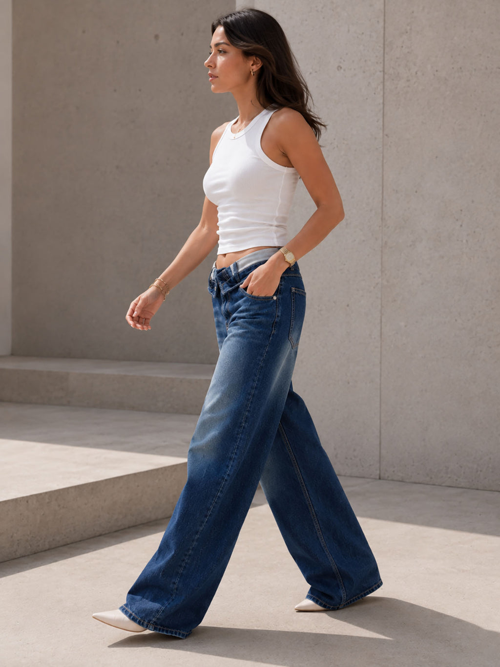 Blue High Rise Folded Waistband Wide Leg Jeans