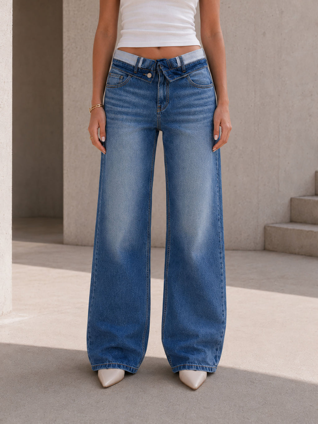 Light Blue High Rise Folded Waistband Wide Leg Jeans