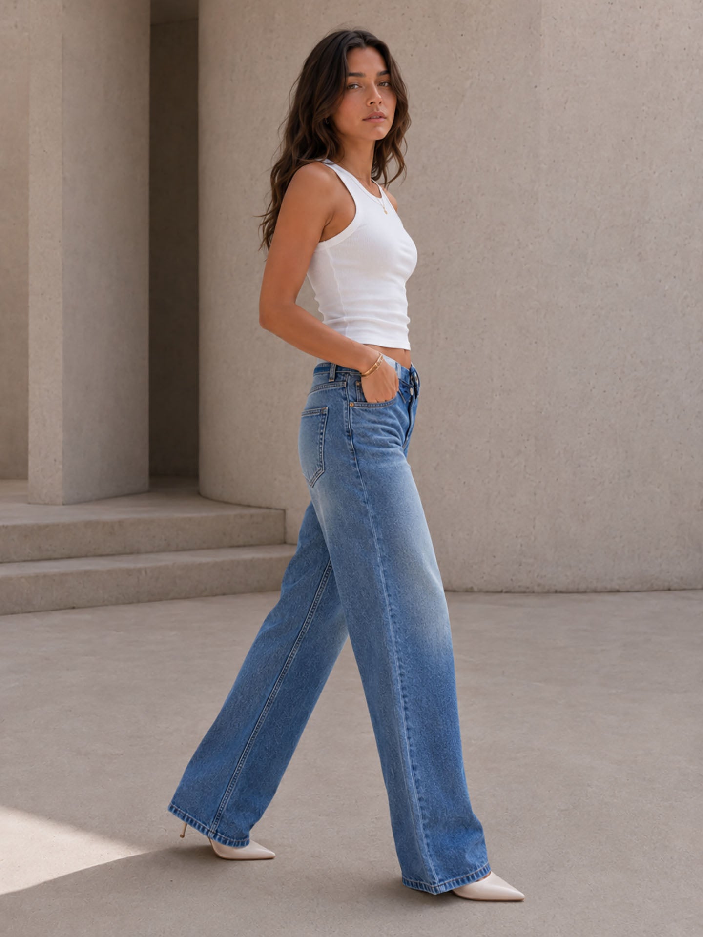 Light Blue High Rise Folded Waistband Wide Leg Jeans