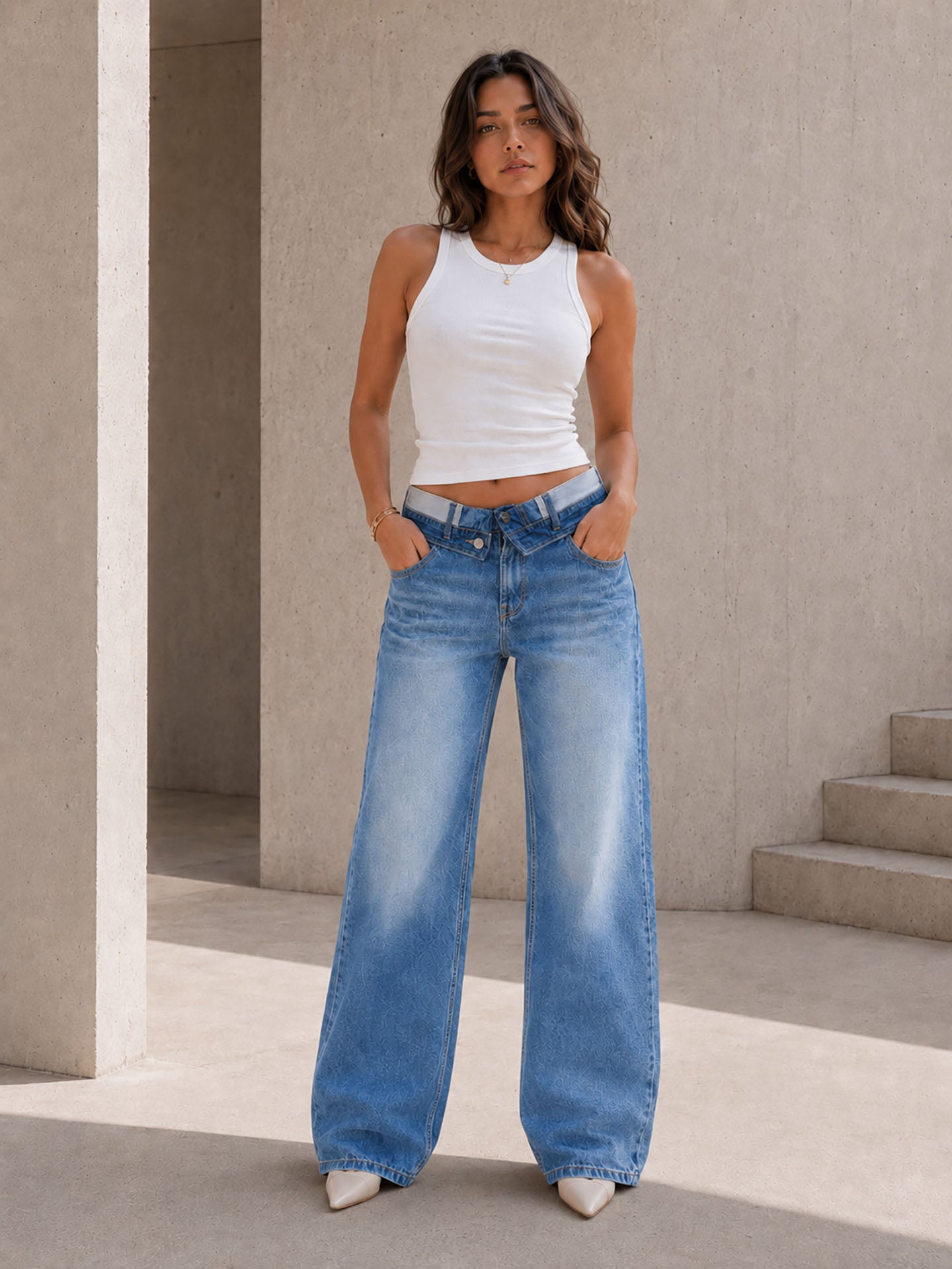 Light Blue High Rise Folded Waistband Wide Leg Jeans