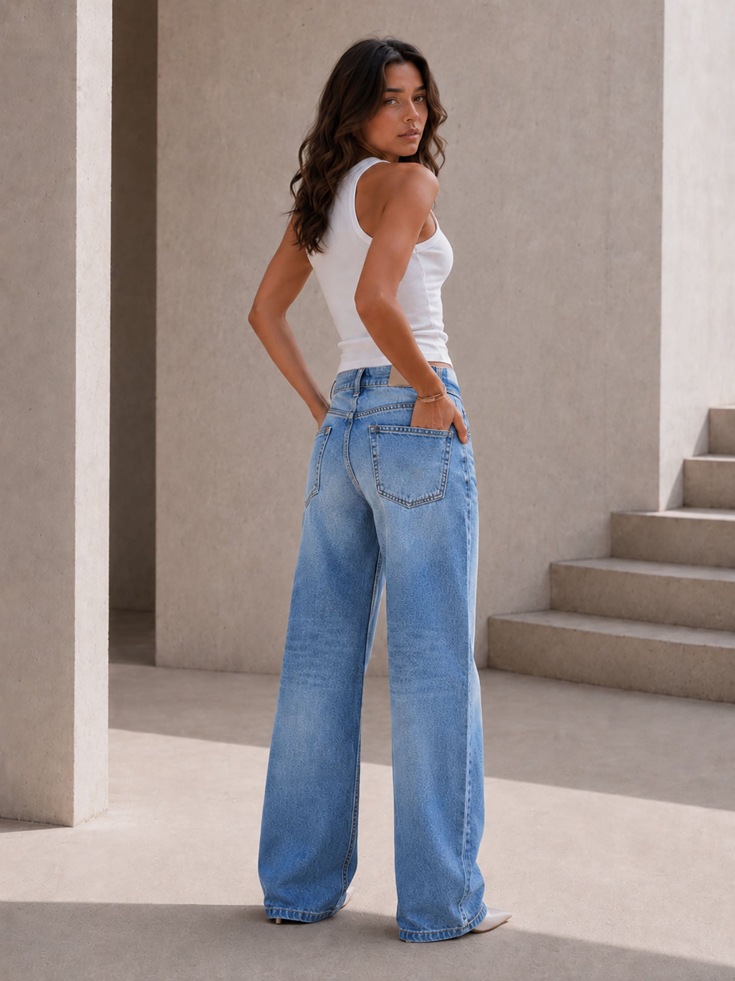 Light Blue High Rise Folded Waistband Wide Leg Jeans