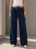 Navy High Rise Folded Waistband Wide Leg Jeans