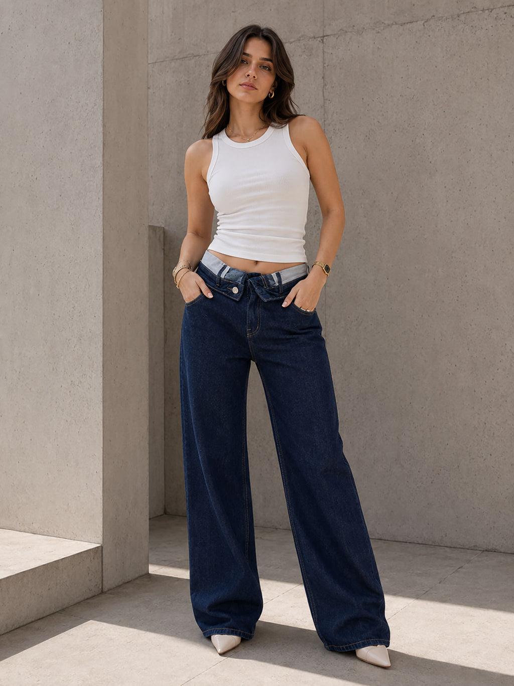 Navy High Rise Folded Waistband Wide Leg Jeans