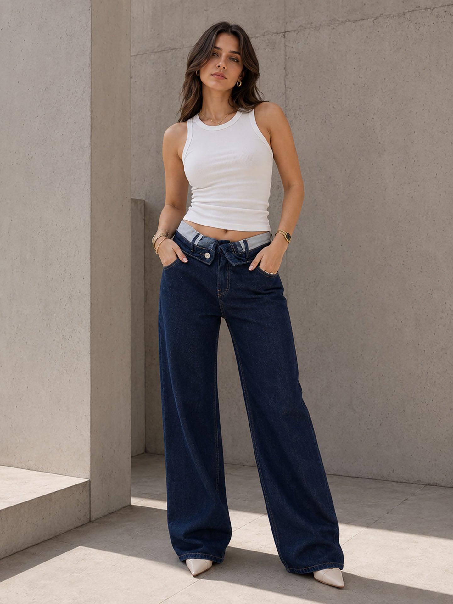 Navy High Rise Folded Waistband Wide Leg Jeans