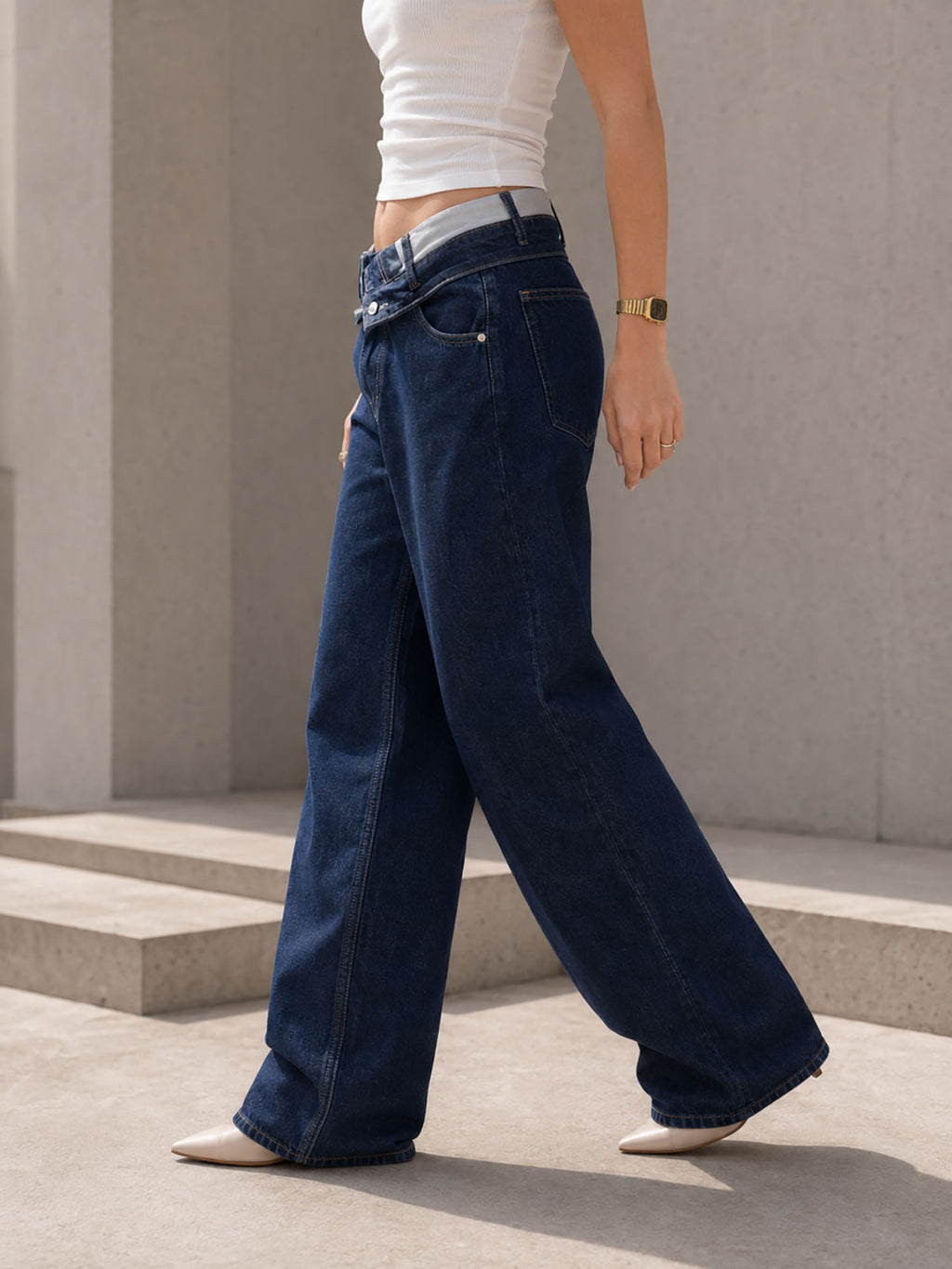 Navy High Rise Folded Waistband Wide Leg Jeans