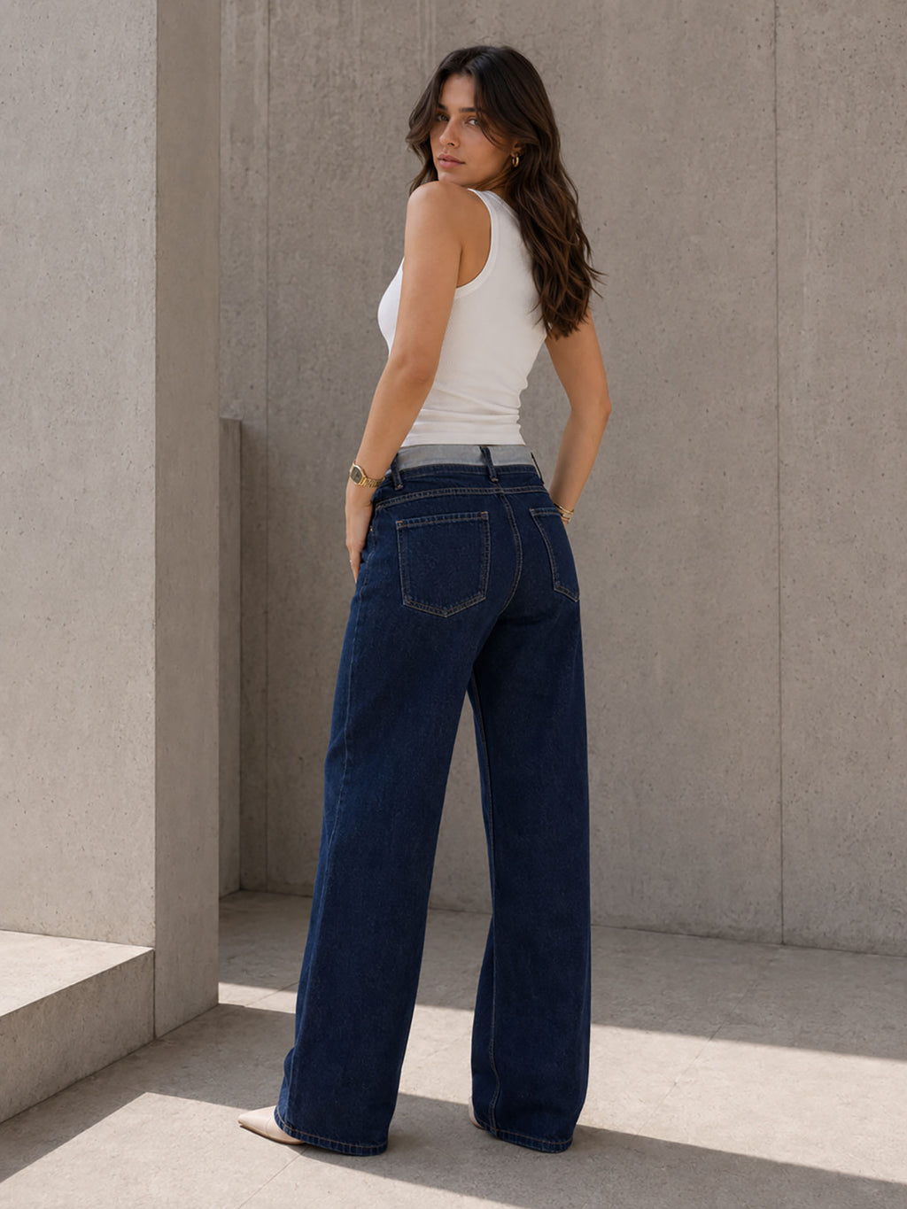 Navy High Rise Folded Waistband Wide Leg Jeans
