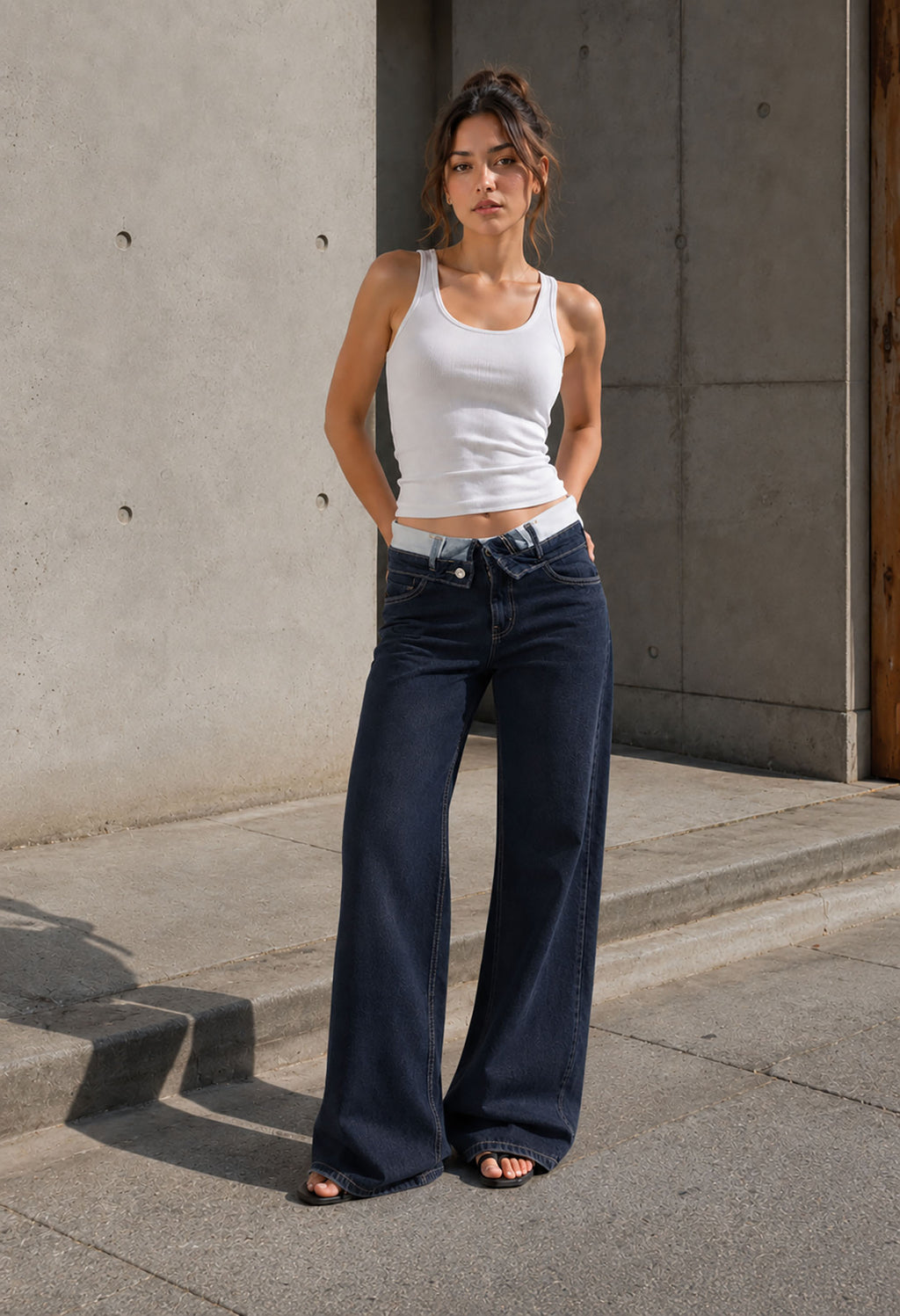 Navy High Rise Folded Waistband Wide Leg Jeans