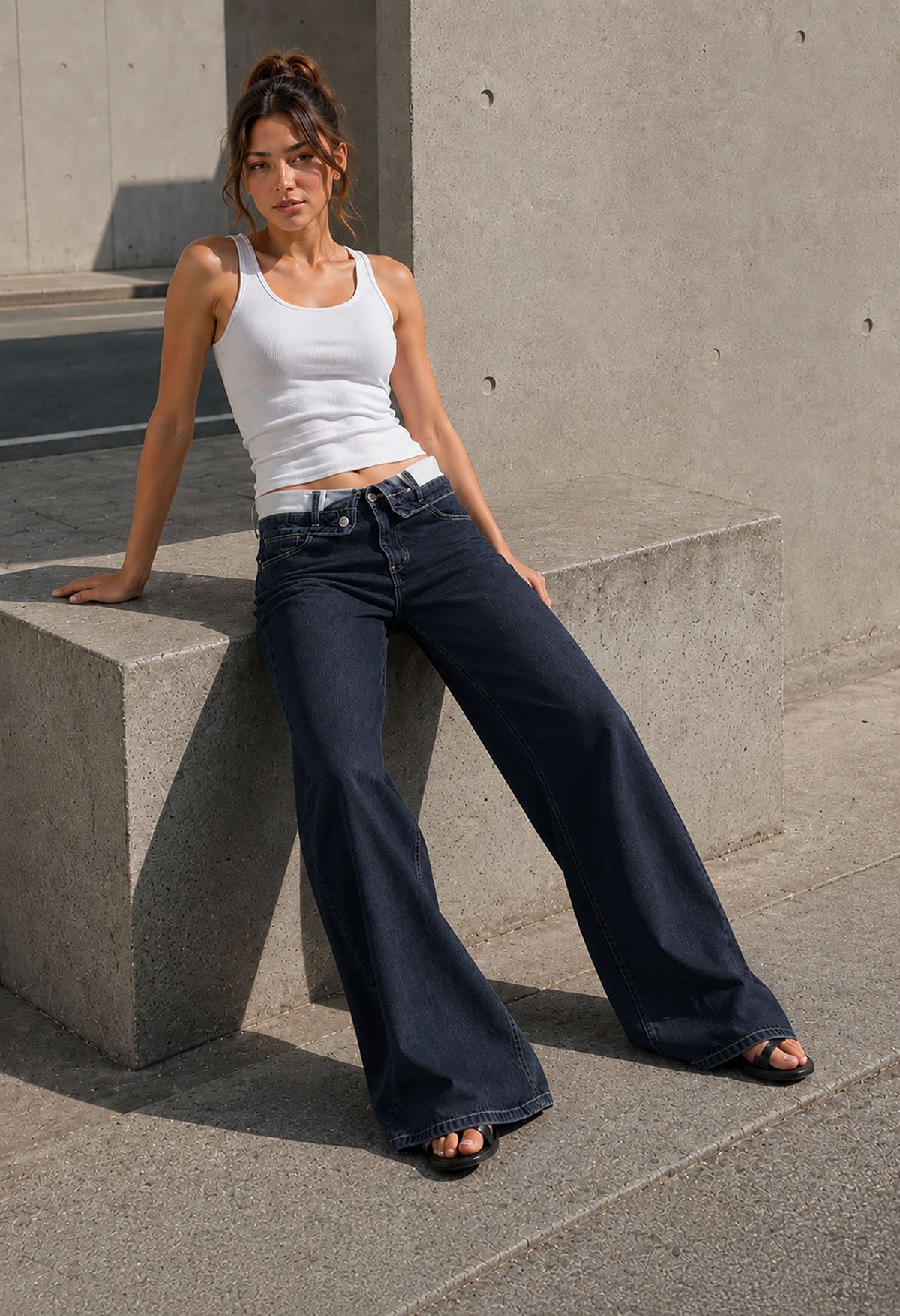 Navy High Rise Folded Waistband Wide Leg Jeans