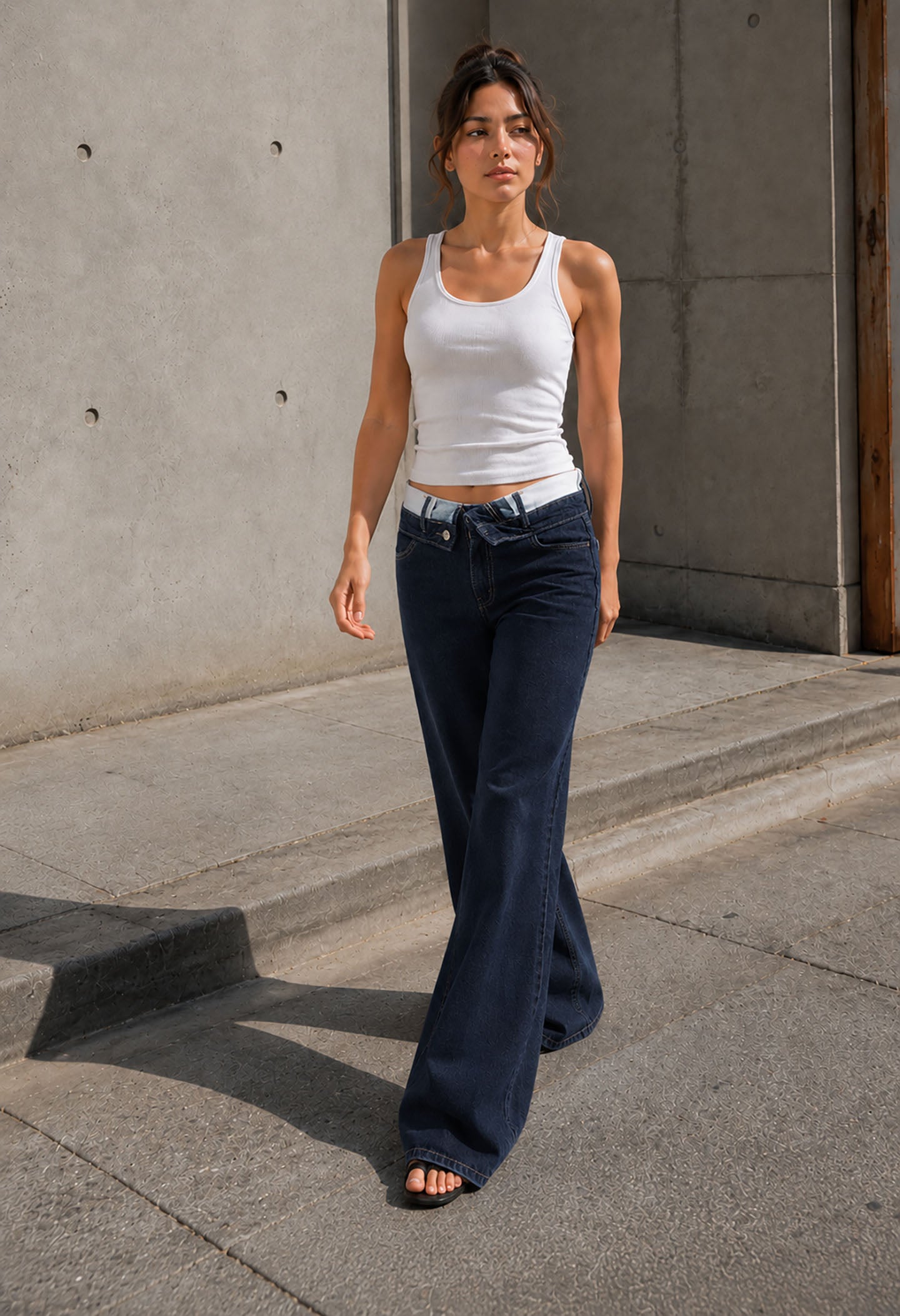 Navy High Rise Folded Waistband Wide Leg Jeans