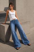 Blue High Rise Folded Waistband Wide Leg Jeans