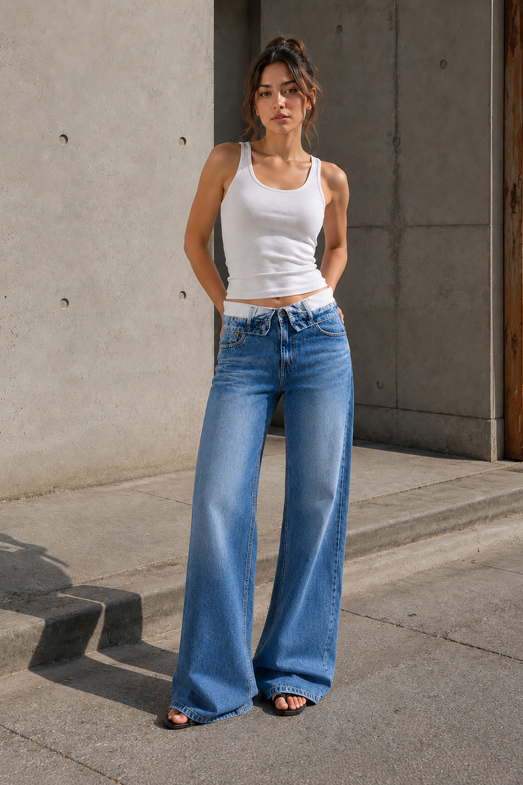Blue High Rise Folded Waistband Wide Leg Jeans