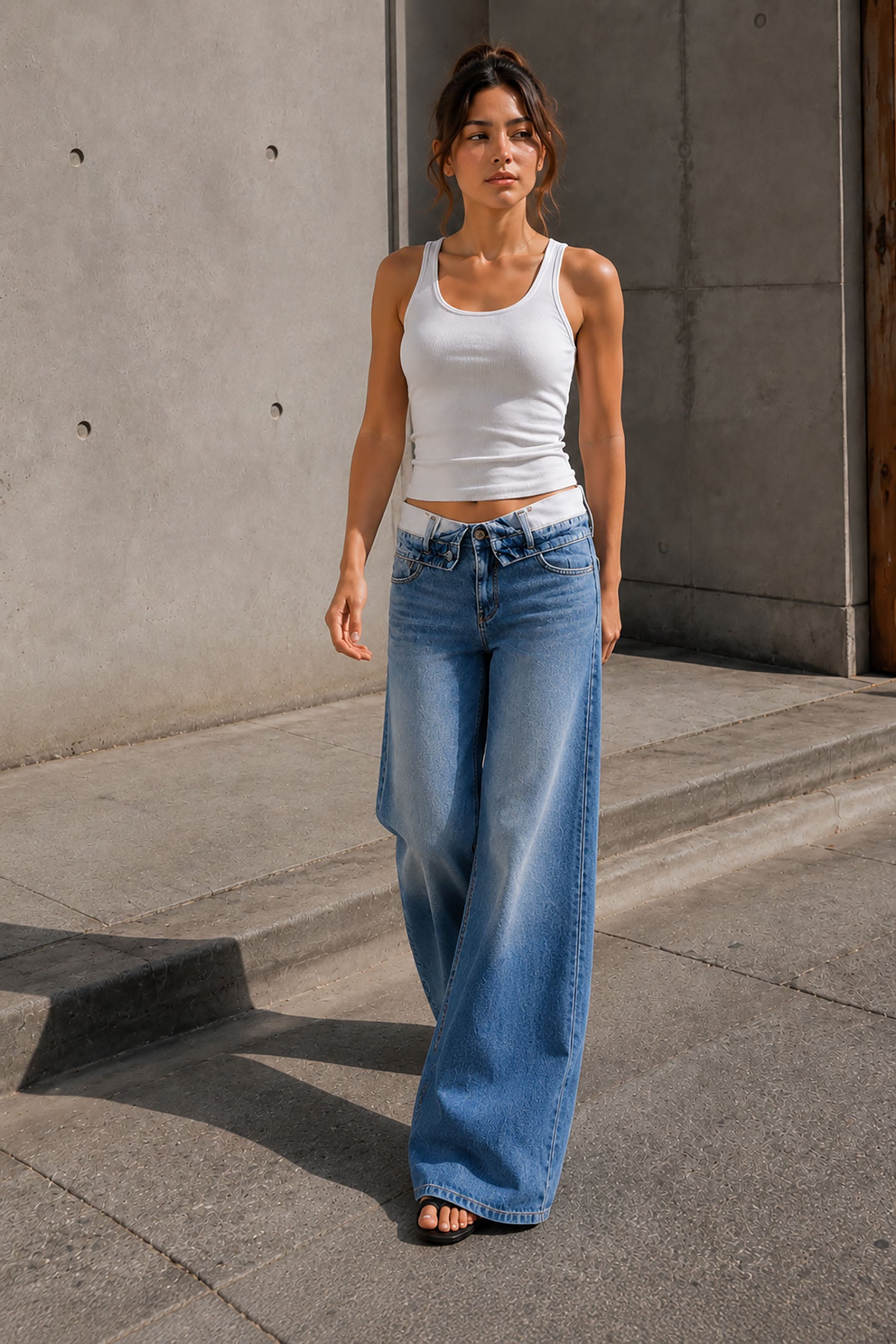 Blue High Rise Folded Waistband Wide Leg Jeans