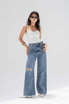 Blue High-Rise Ripped Wide-Leg Jeans