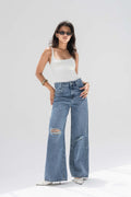 Blue High-Rise Ripped Wide-Leg Jeans