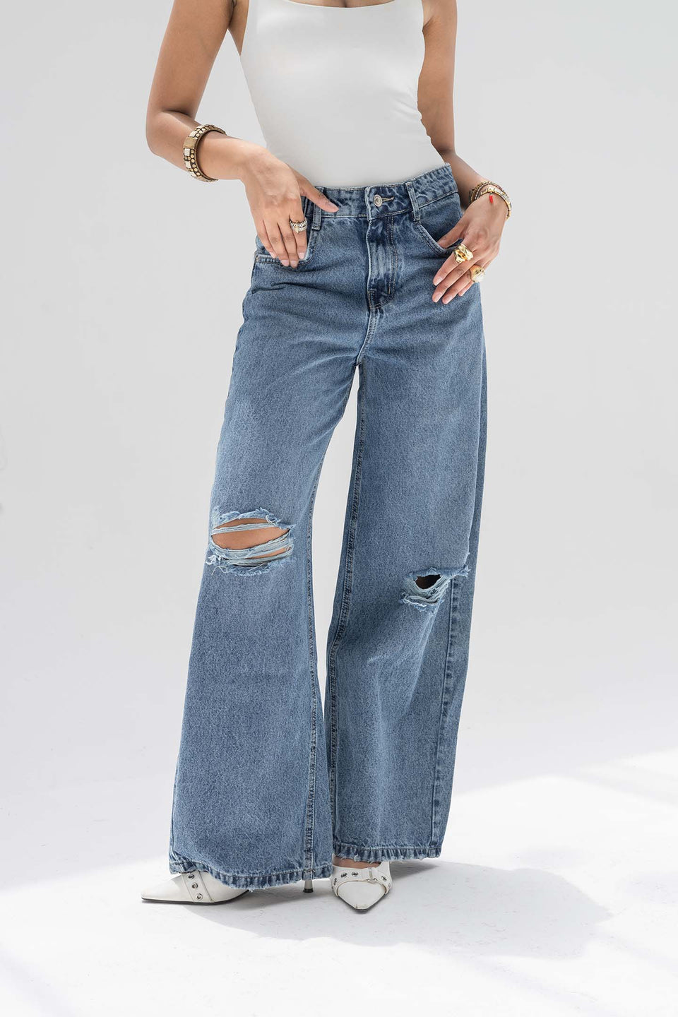 Blue High-Rise Ripped Wide-Leg Jeans