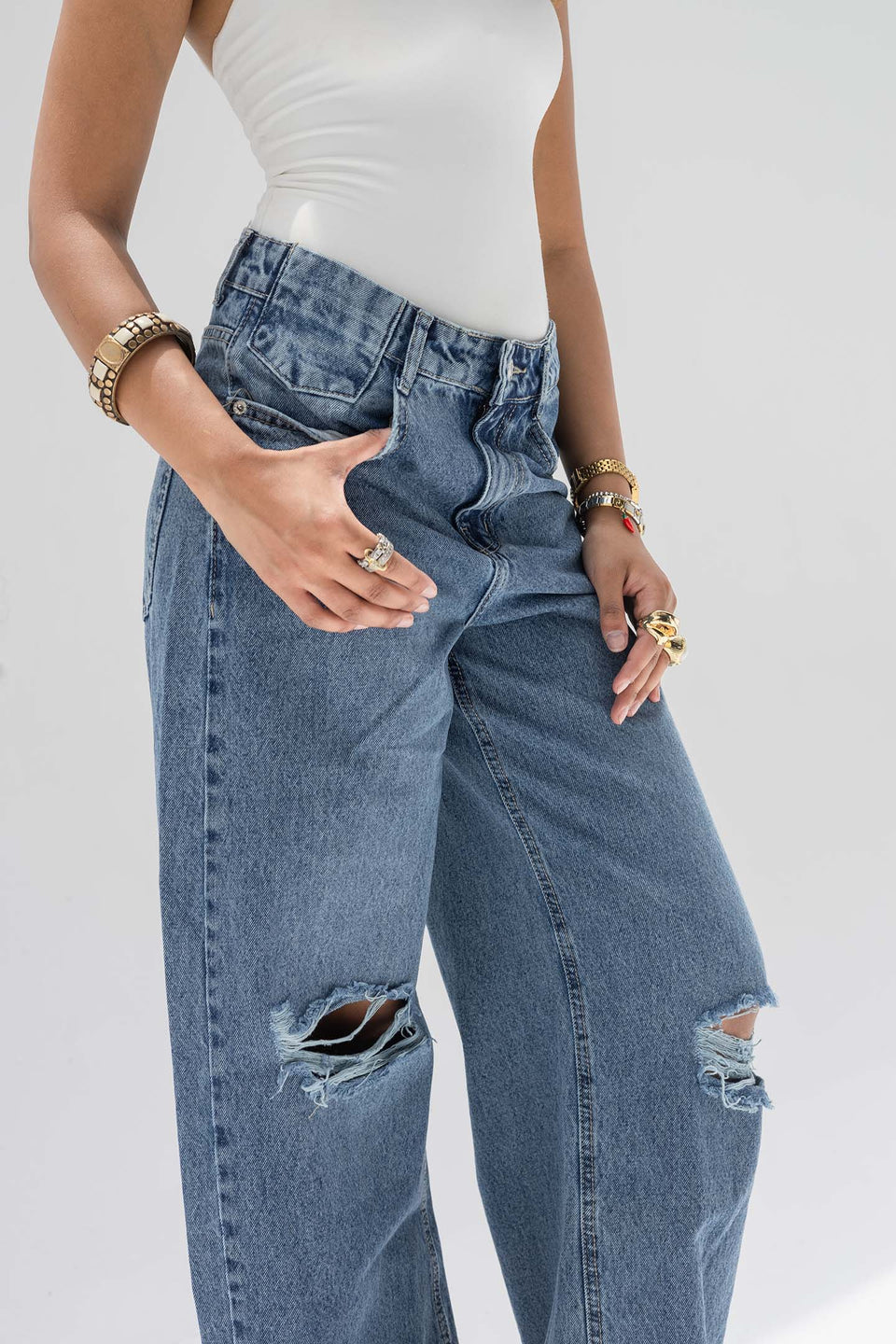 Blue High-Rise Ripped Wide-Leg Jeans
