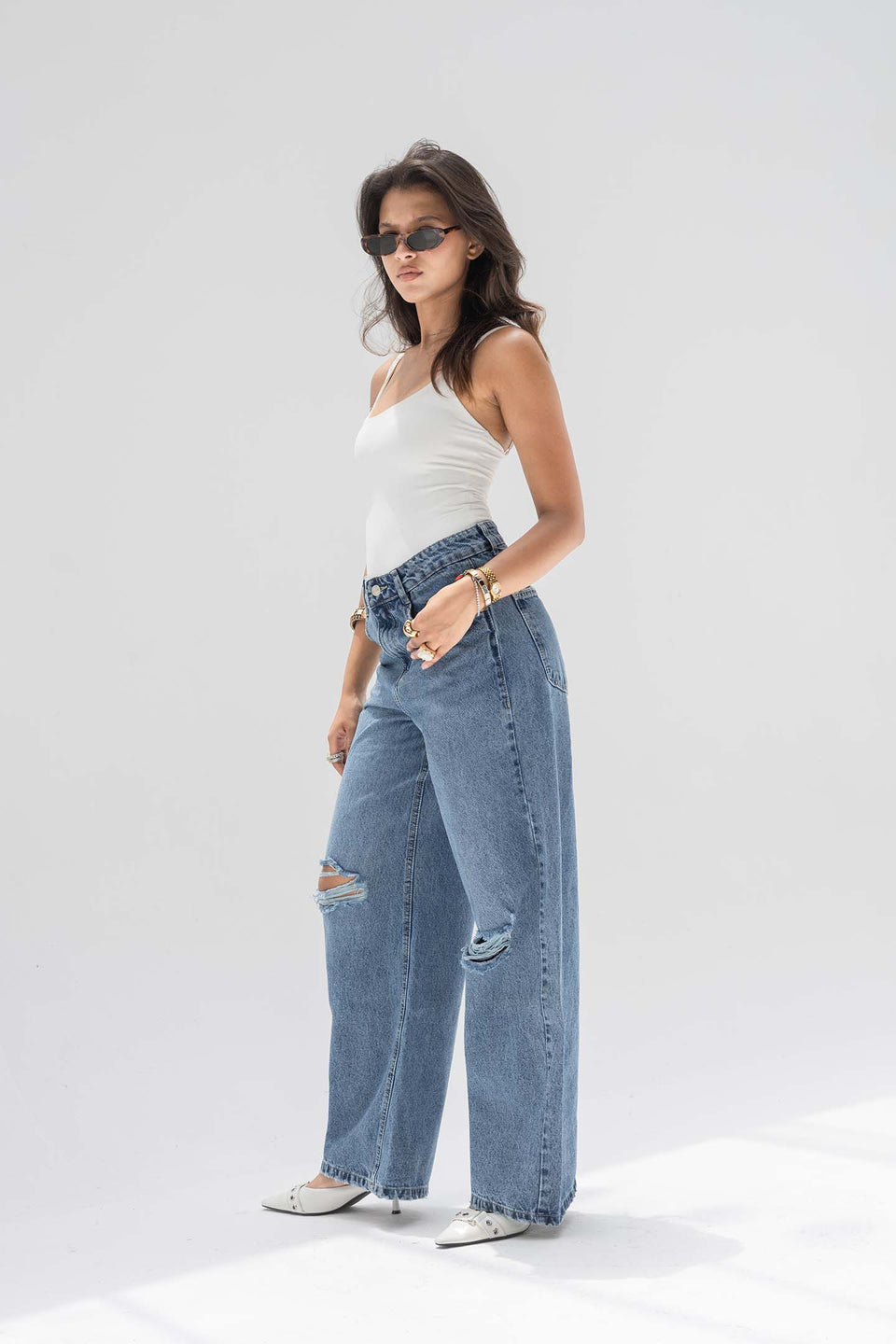 Blue High-Rise Ripped Wide-Leg Jeans