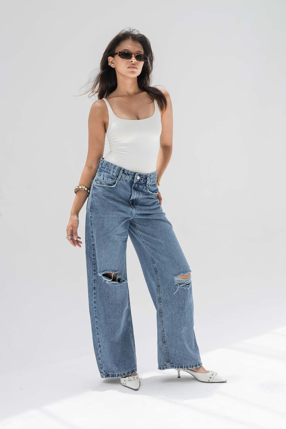 Blue High-Rise Ripped Wide-Leg Jeans