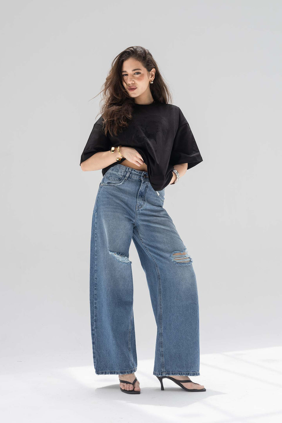 Deep Blue High-Rise Ripped Wide-Leg Jeans