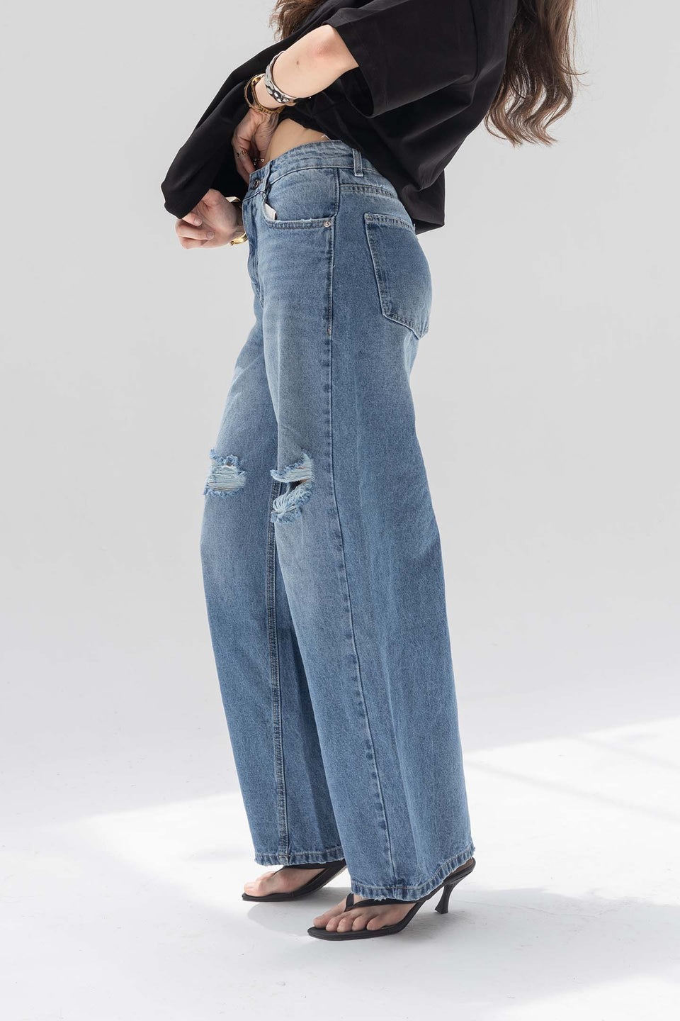Deep Blue High-Rise Ripped Wide-Leg Jeans