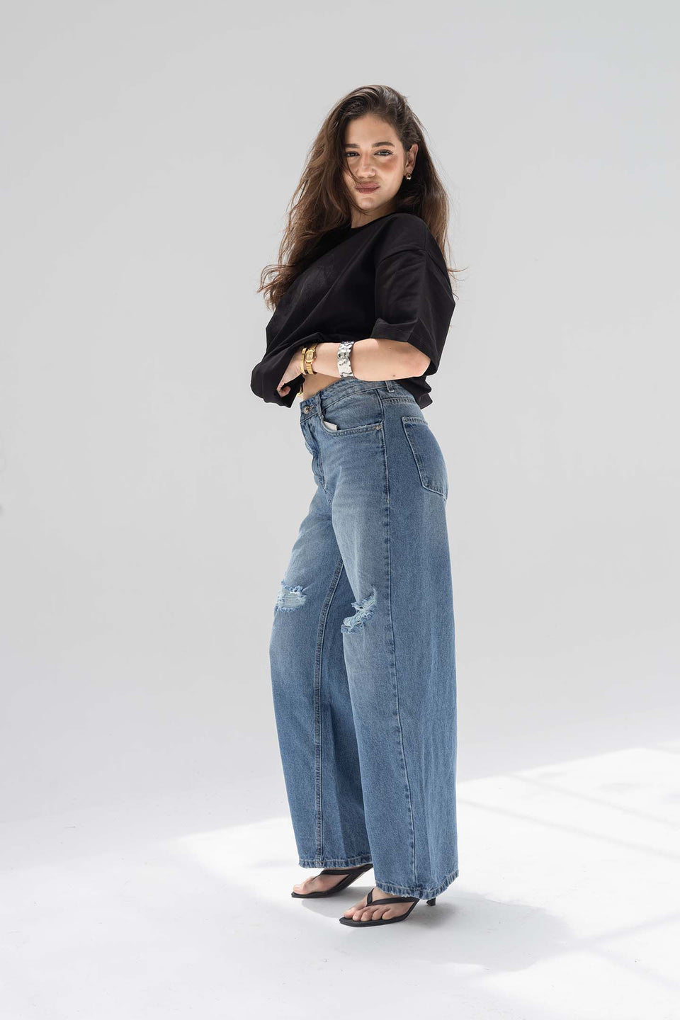 Deep Blue High-Rise Ripped Wide-Leg Jeans