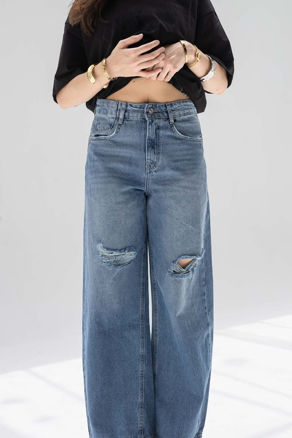 Deep Blue High-Rise Ripped Wide-Leg Jeans